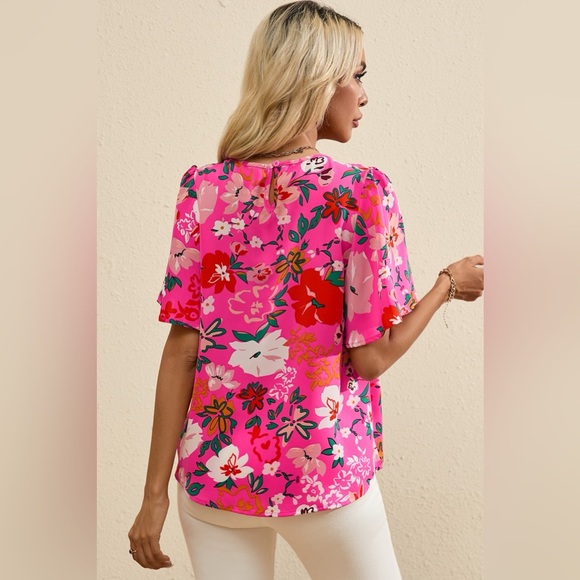 Smocked Printed Round Neck Half Sleeve Blouse - Picture 3 of 9